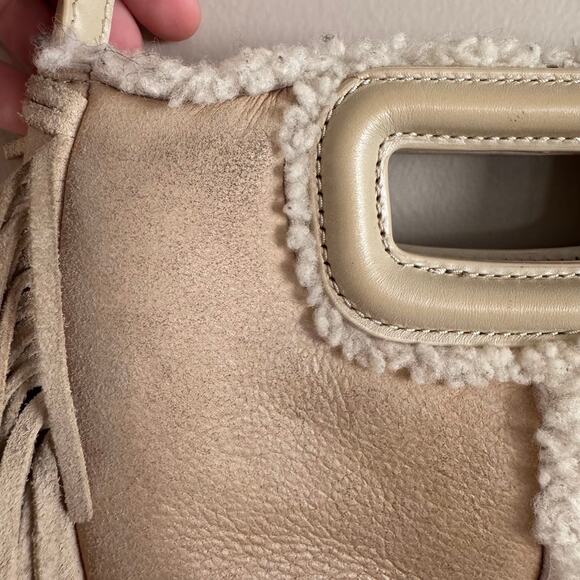 Maje Sheepskin Sherpa Fringe Crossbody Handbag Nude Natural Cream - Picture 7 of 9